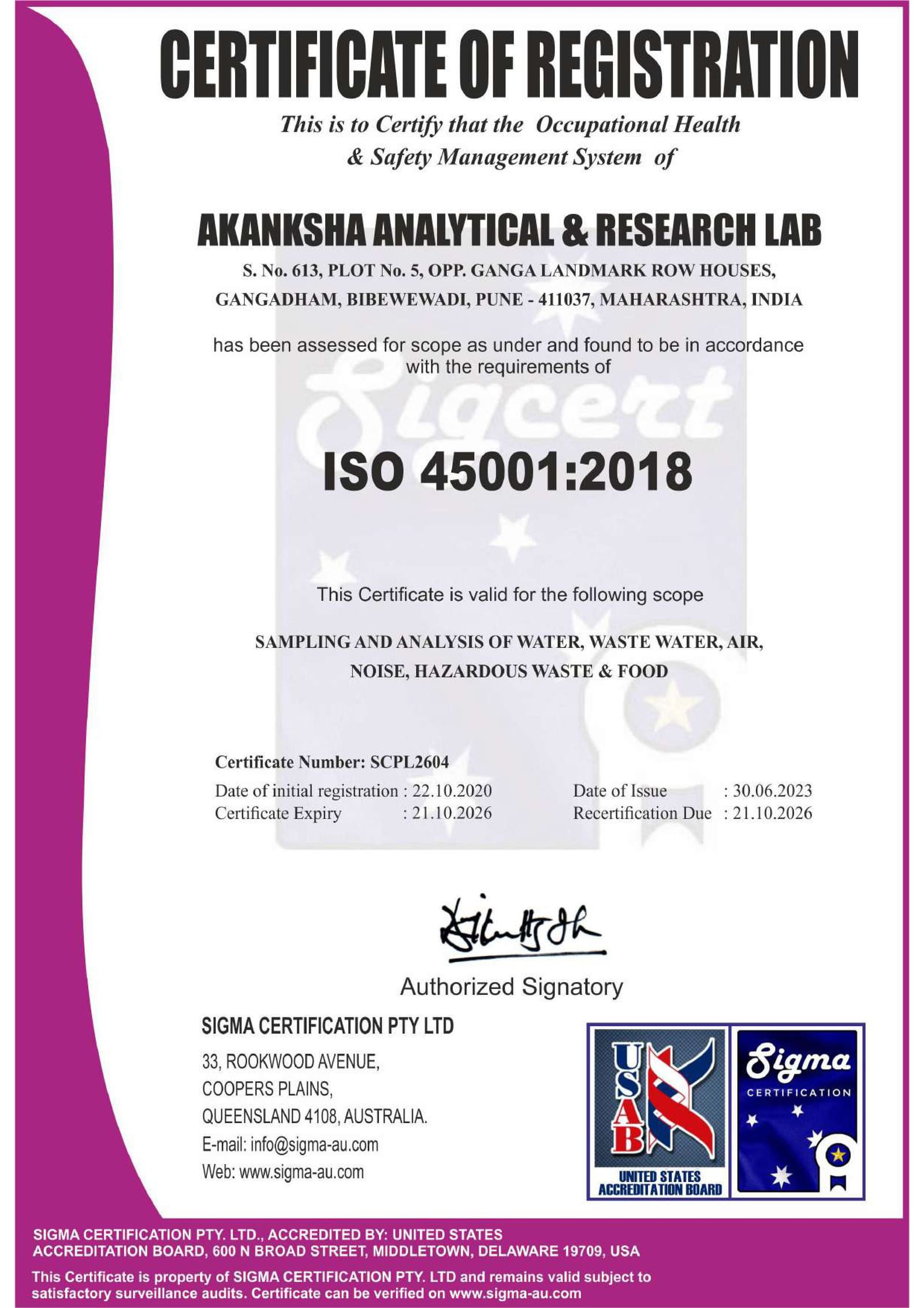 ISO 45001:2018 certificate